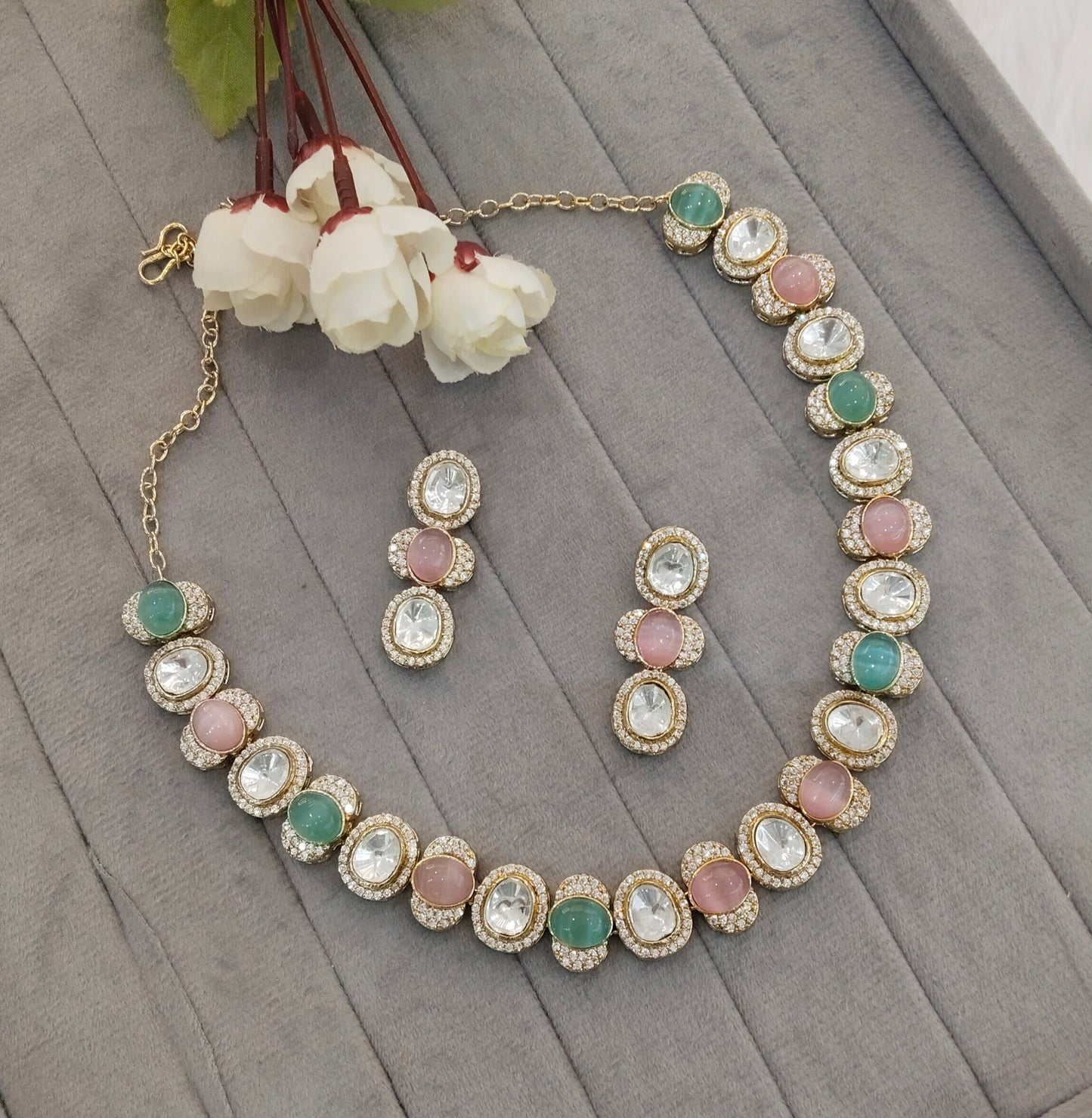 Mint Pink Gold Moissanite Kundan Necklace Jewellery Sonalika Set