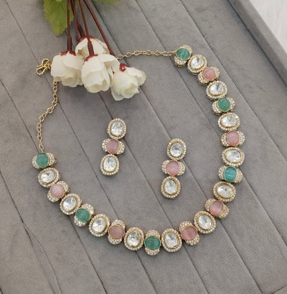 Mint Pink Gold Moissanite Kundan Necklace Jewellery Sonalika Set