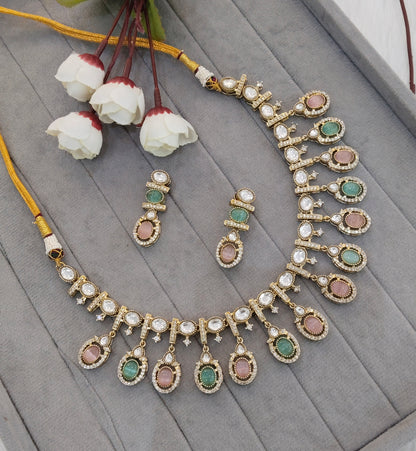 Mint Pink Gold Moissanite Kundan Necklace Jewellery Sonalika Set