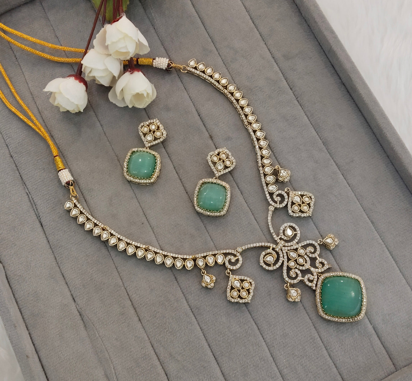 Sage Green Gold Moissanite Kundan Necklace Jewellery Sonalika Set