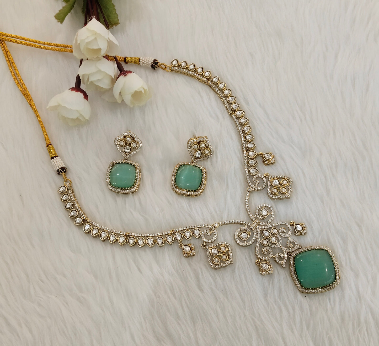 Sage Green Gold Moissanite Kundan Necklace Jewellery Sonalika Set