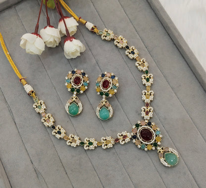 Multi Color Gold Moissanite Kundan Necklace Jewellery Sonalika Set