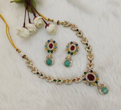 Multi Color Gold Moissanite Kundan Necklace Jewellery Sonalika Set