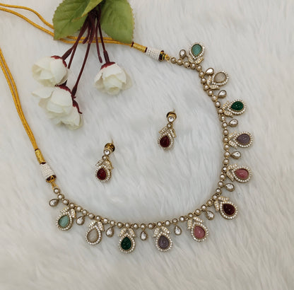 Multi Color Gold Moissanite Kundan Necklace Jewellery Barkat Set