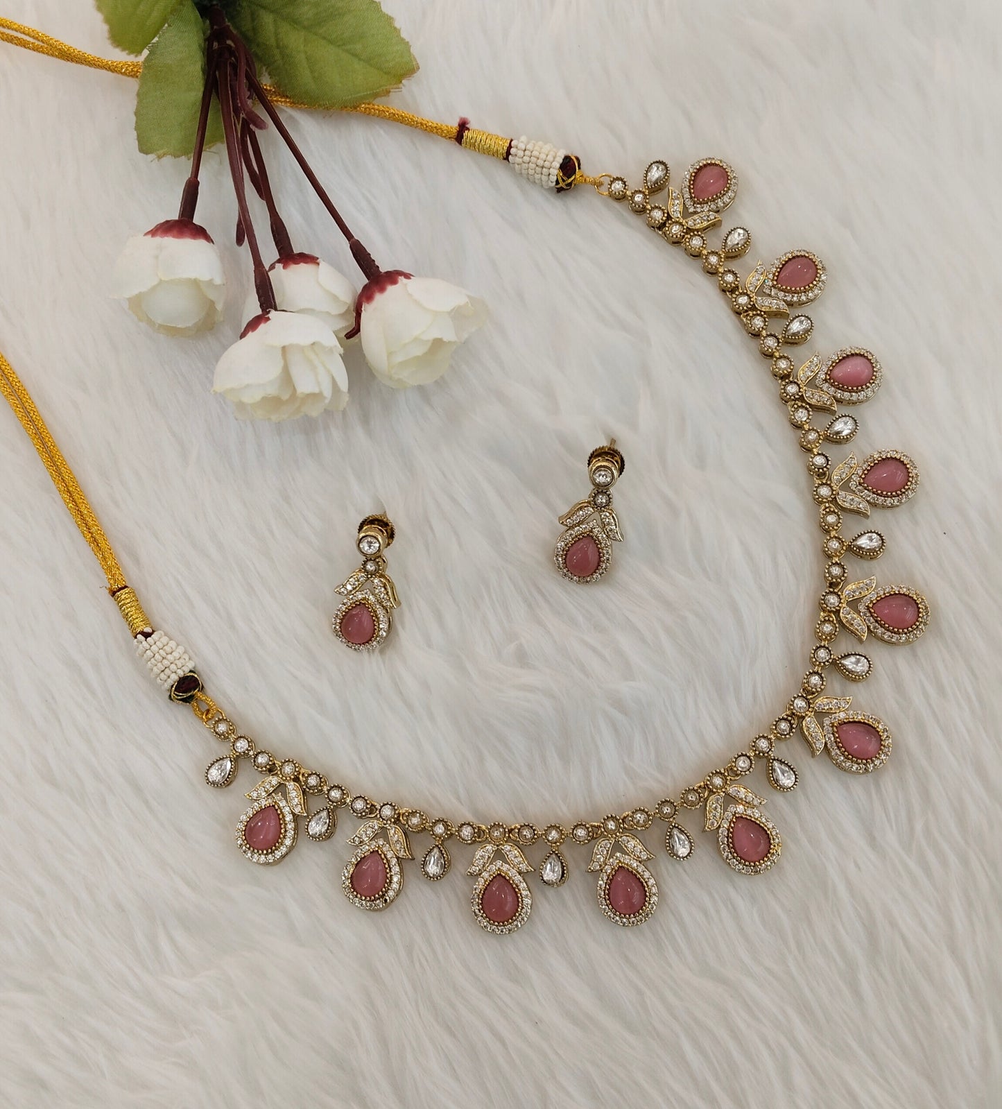 Pink Gold Moissanite Kundan Necklace Jewellery Barkat Set