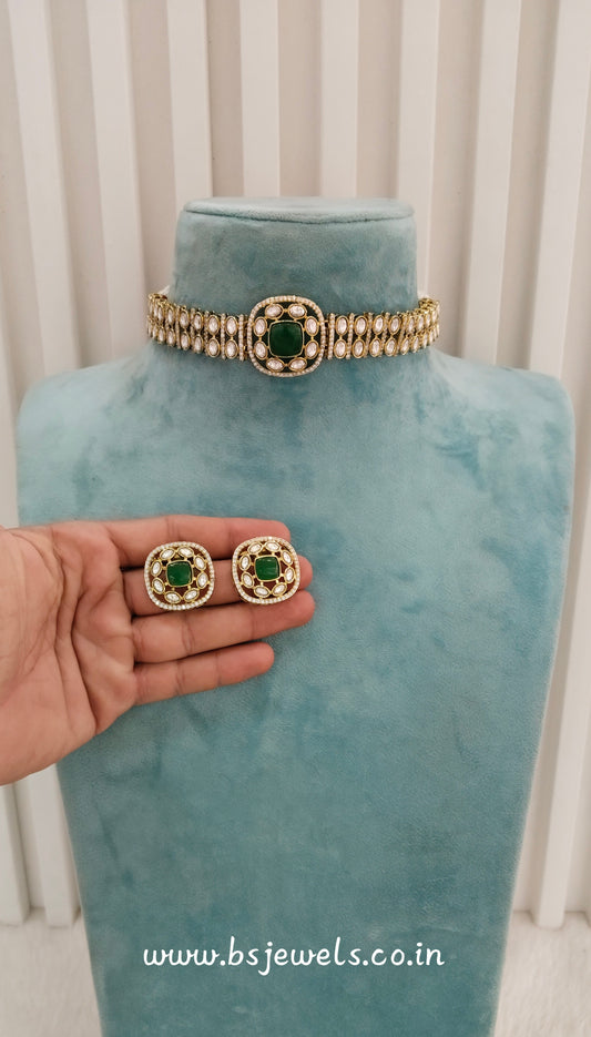Green Moissanite Kundan Choker Jewellery Farmtrack Set