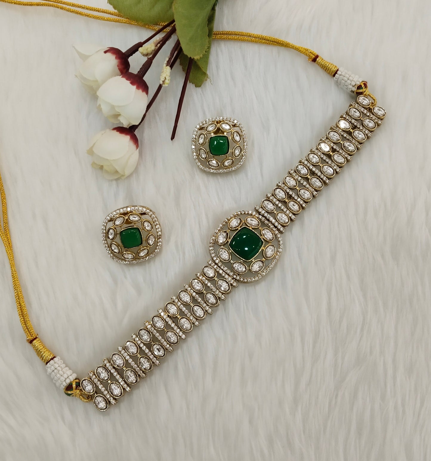 Green Moissanite Kundan Choker Jewellery Farmtrack Set