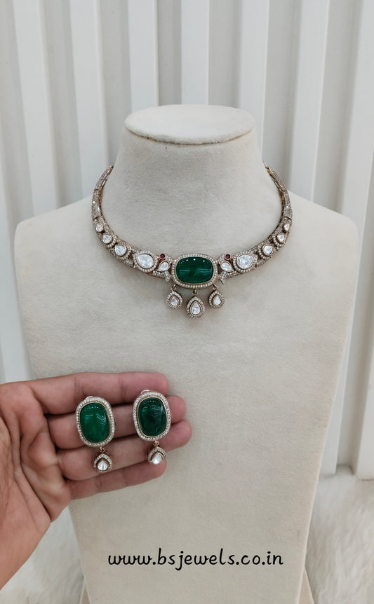 Green Gold Moissanite Kundan Necklace Jewellery Indofarm Set