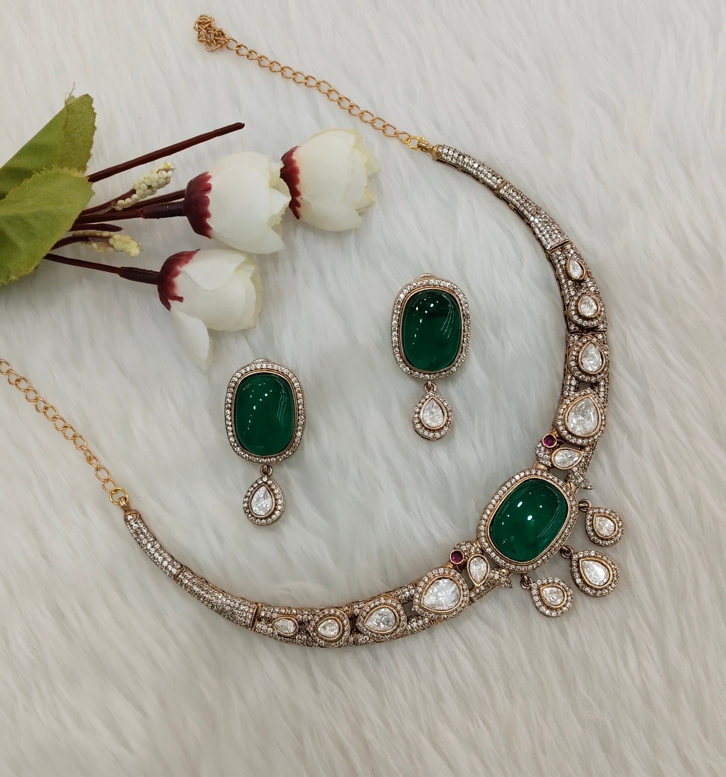 Green Gold Moissanite Kundan Necklace Jewellery Indofarm Set