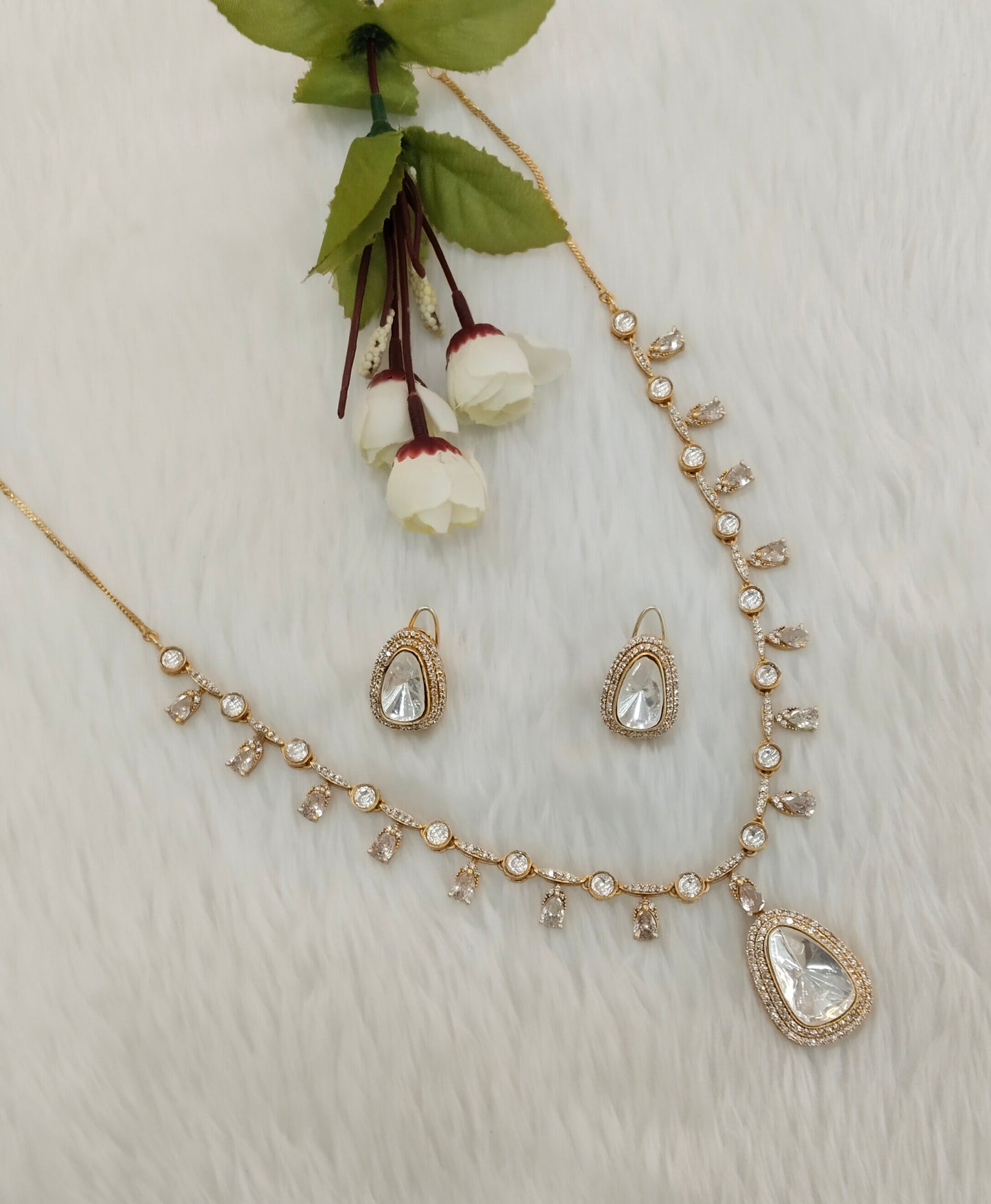 White Gold Moissanite Kundan Necklace Jewellery Indofarm Set