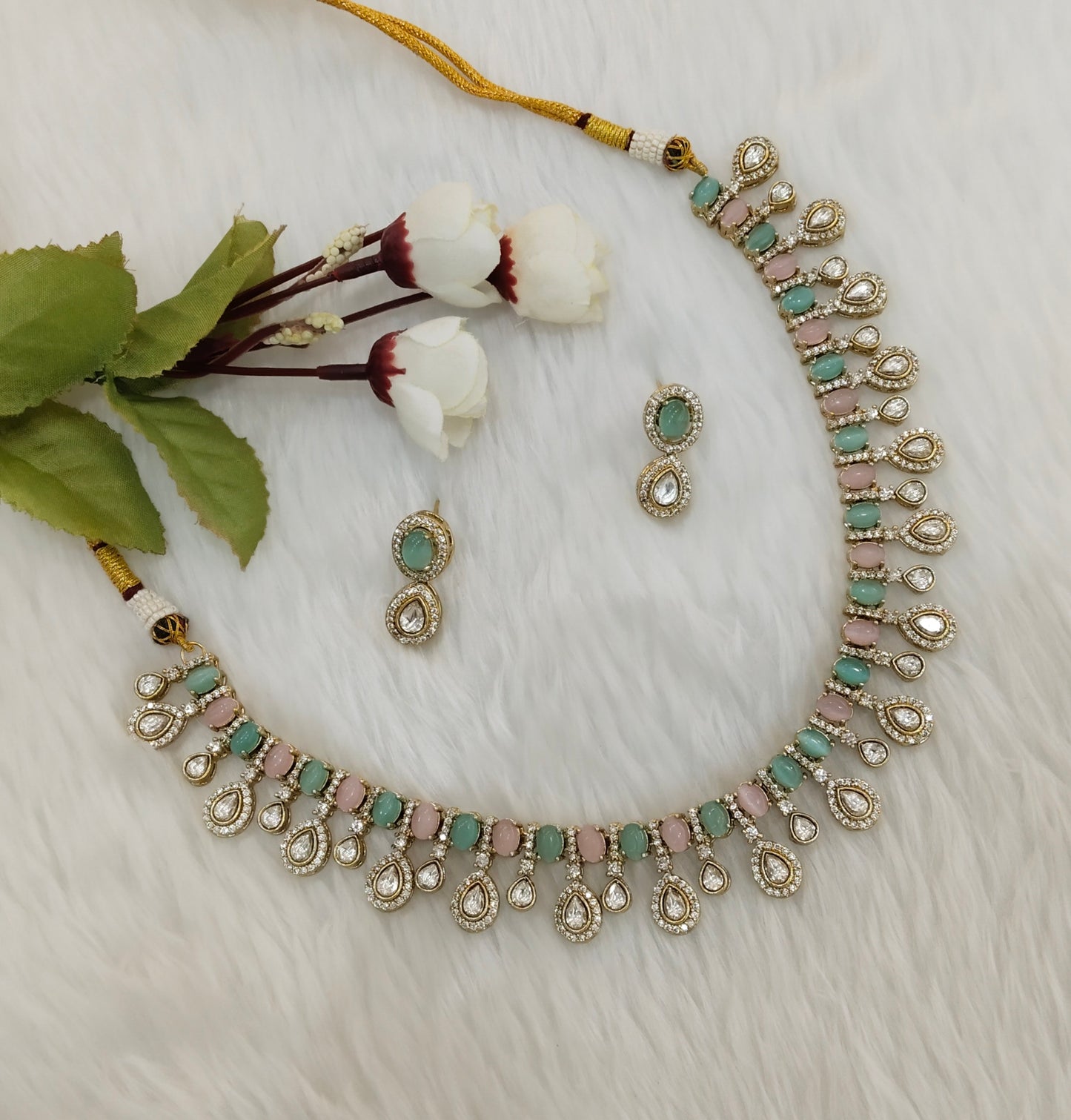 Mint Pink Gold Moissanite Kundan Necklace Jewellery Echer Set