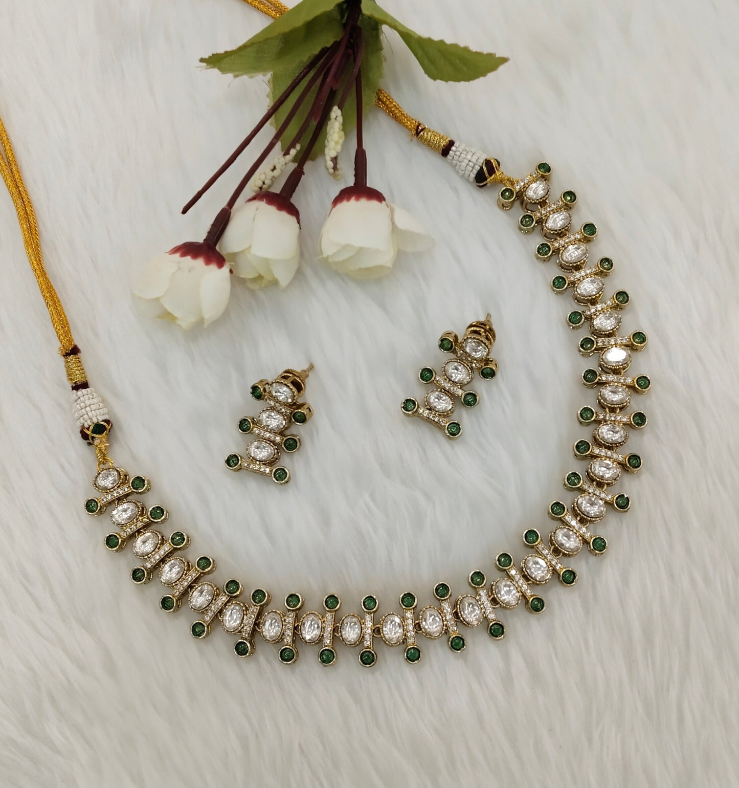 Green Gold Moissanite Kundan Necklace Jewellery Massy Set