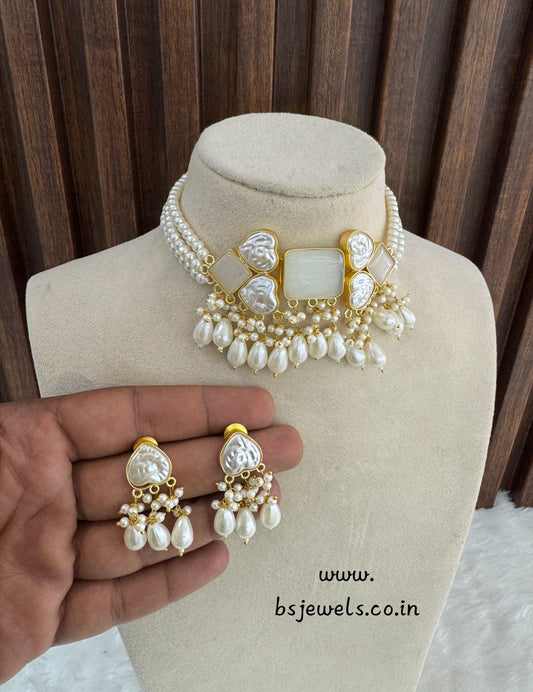 White Mother Of Pearl Stone Chokar Jewellery olivia Set