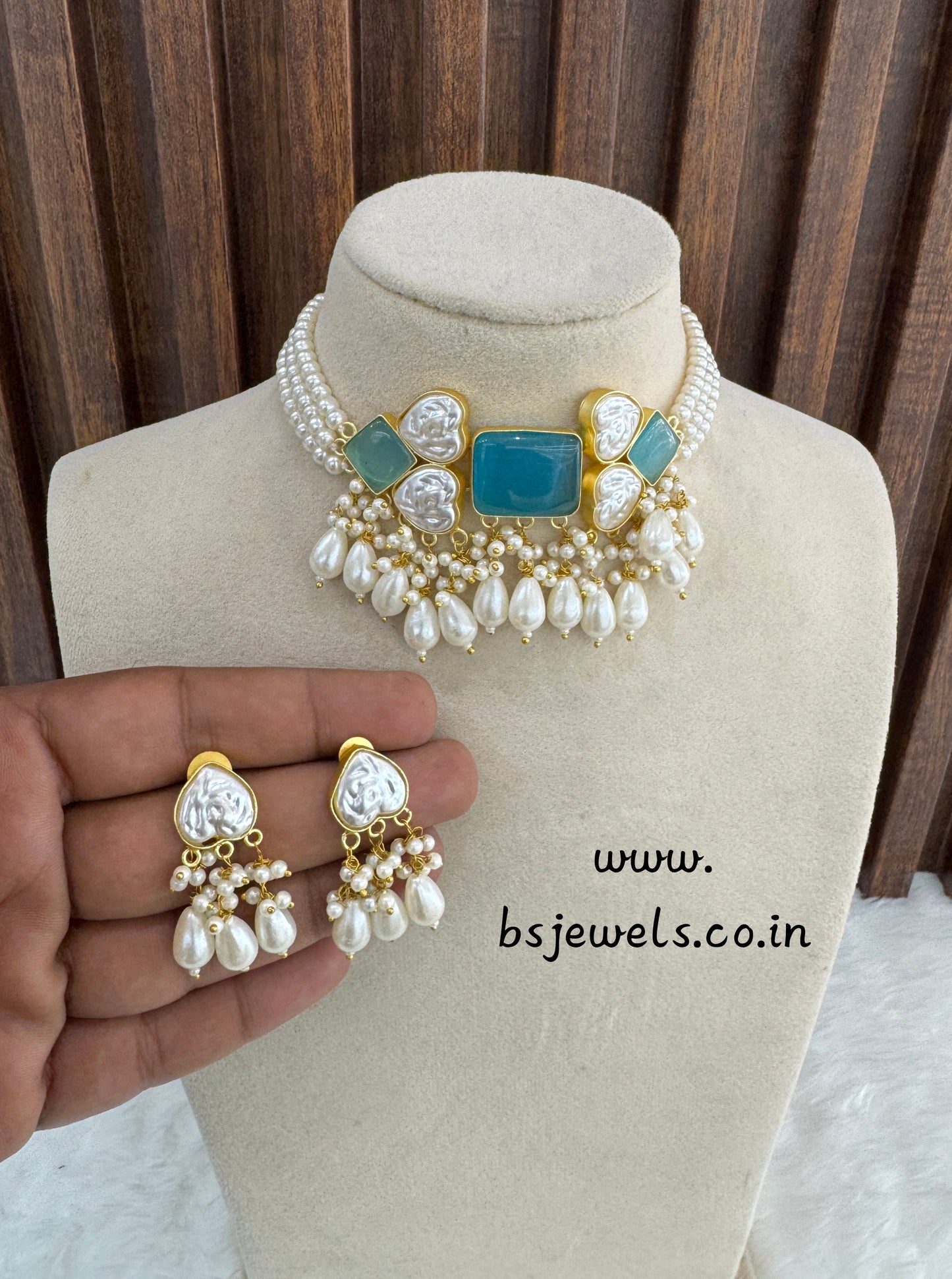 Sea Green Mother Of Pearl Stone Chokar Jewellery Olivia Set