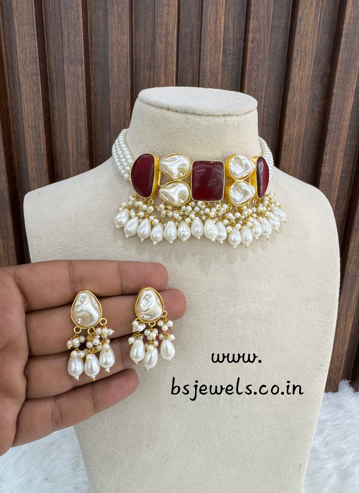 Ruby Mother Of Pearl Stone Chokar Jewellery Olivia Set