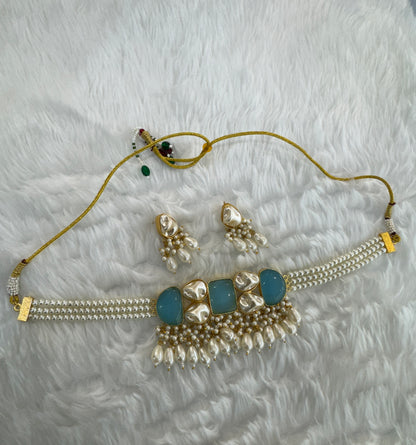 Sky Blue Mother Of Pearl Stone Chokar Jewellery Olivia Set