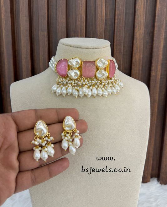 Dark Pink Mother Of Pearl Stone Chokar Jewellery Olivia Set