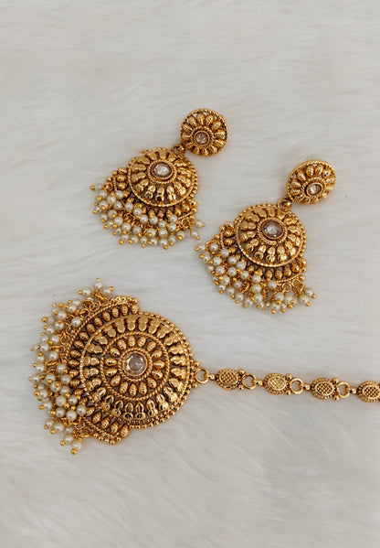 White Gold Polki Punjabi Style Earrings and Tikka