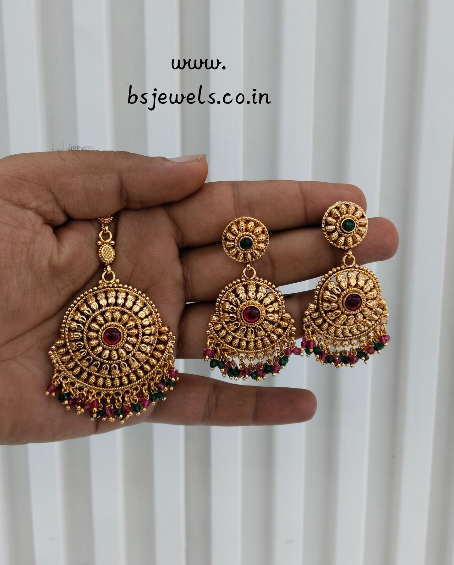 Ruby Green Gold Polki Punjabi Style Earrings and Tikka