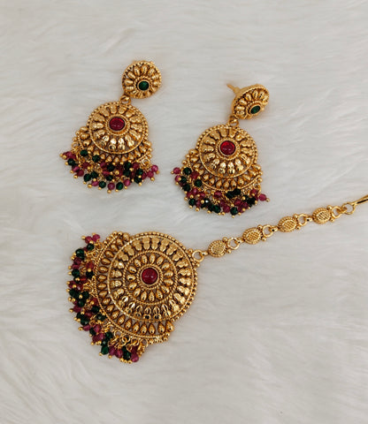Ruby Green Gold Polki Punjabi Style Earrings and Tikka