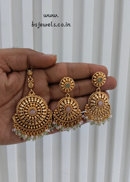 Mint Pink Gold Polki Punjabi Style Earrings and Tikka