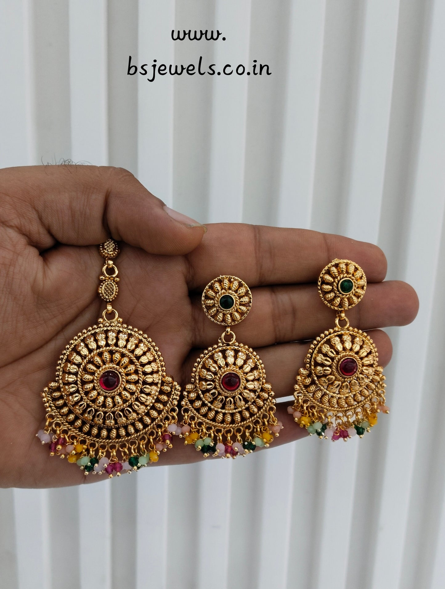 Multi Color Gold Polki Punjabi Style Earrings and Tikka
