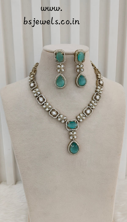 Sea Green Gold Moissanite Kundan Necklace Jewellery Kabota Set