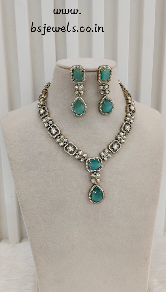 Sea Green Gold Moissanite Kundan Necklace Jewellery Kabota Set