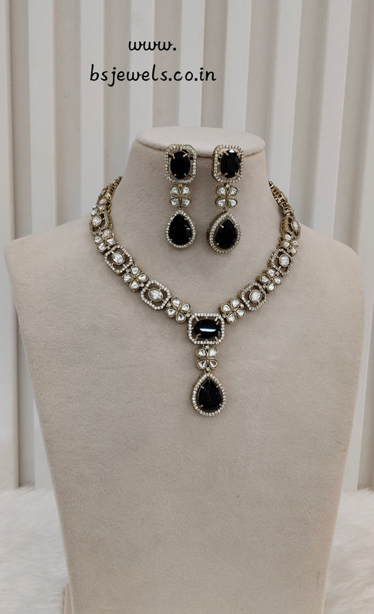 Black Gold Moissanite Kundan Necklace Jewellery Kabota Set