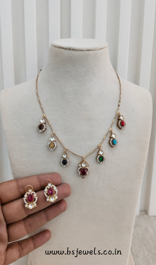 Multi Color Gold Moissanite Kundan Necklace Jewellery Delux Chain Set