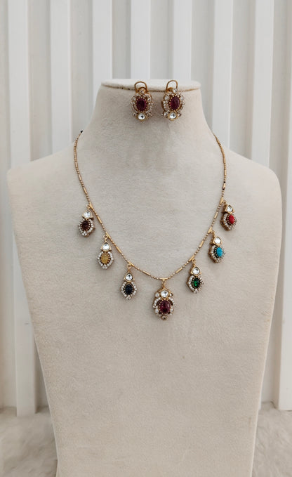 Multi Color Gold Moissanite Kundan Necklace Jewellery Delux Chain Set