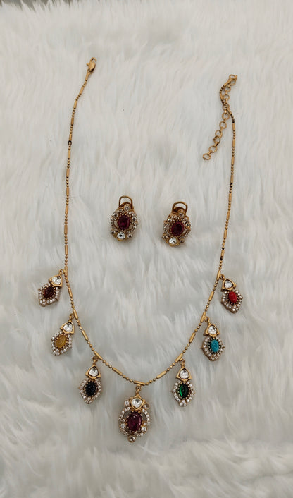 Multi Color Gold Moissanite Kundan Necklace Jewellery Delux Chain Set