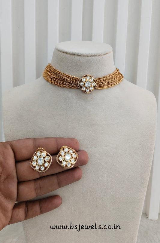Gold Moissanite Kundan Choker Jewellery Delux Chain Set