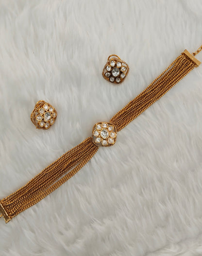 Gold Moissanite Kundan Choker Jewellery Delux Chain Set