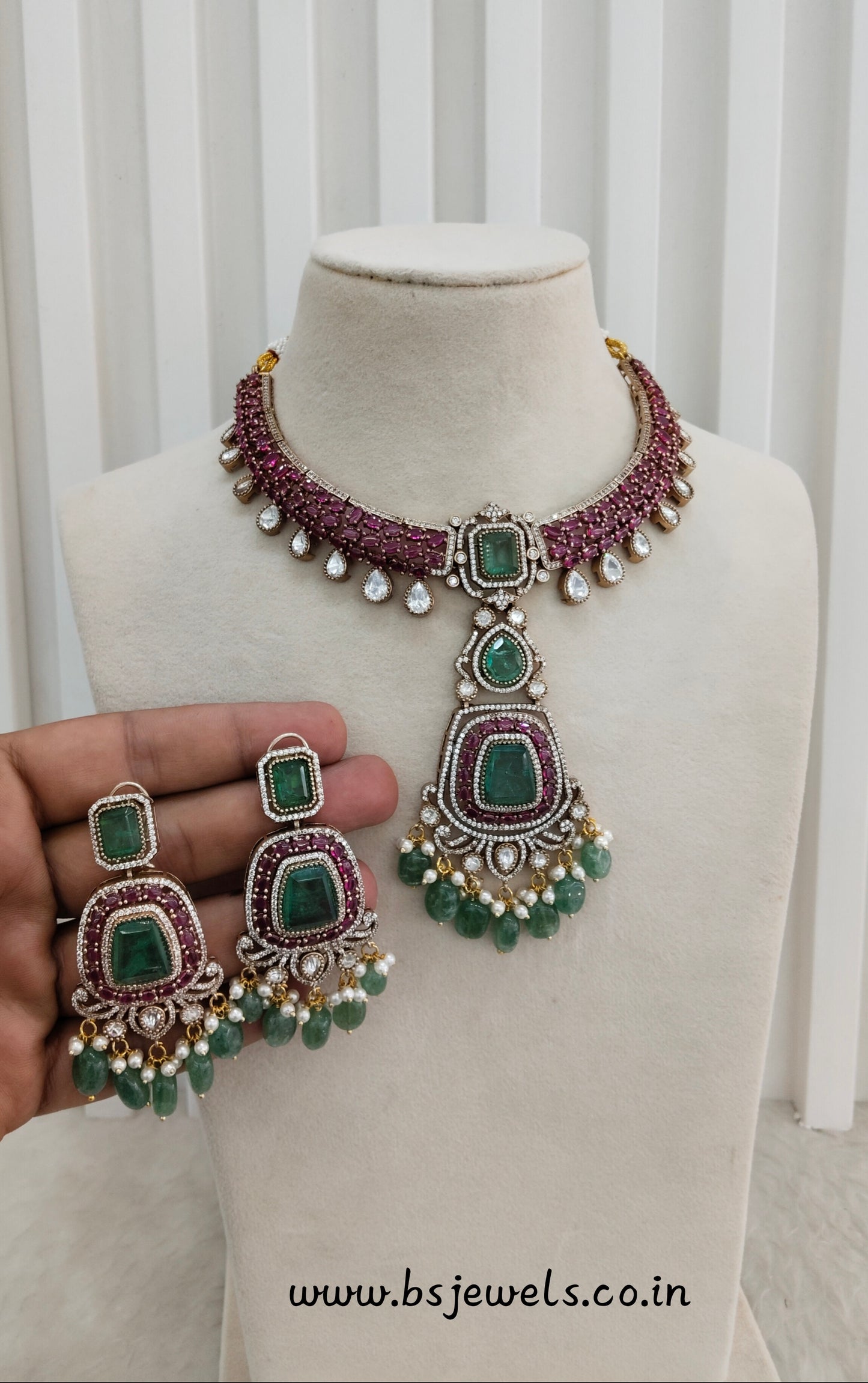 Majenta Sage Green Gold Moissanite Kundan Necklace Jewellery Karun Set