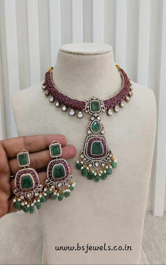 Majenta Sage Green Gold Moissanite Kundan Necklace Jewellery Karun Set