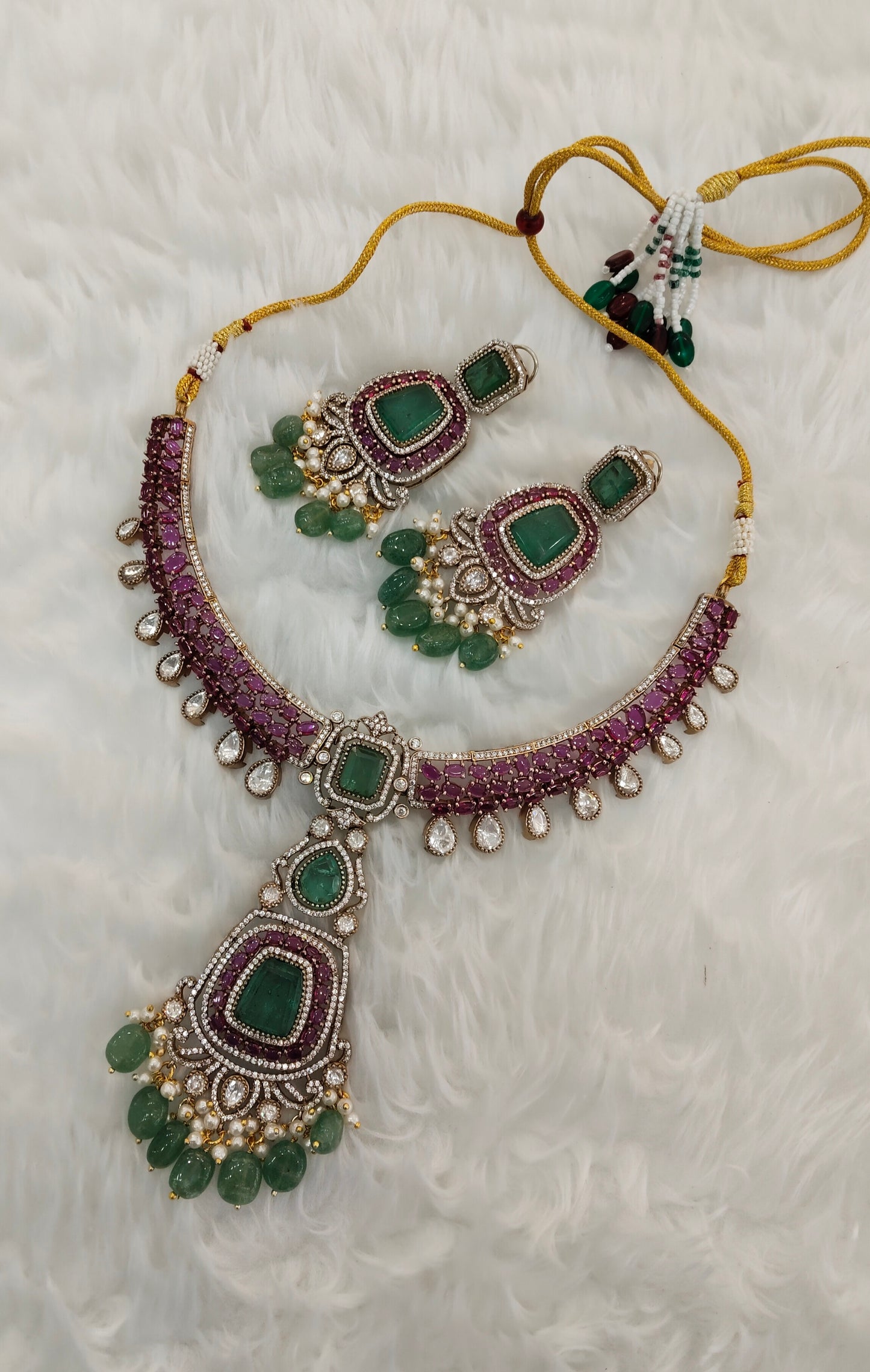 Majenta Sage Green Gold Moissanite Kundan Necklace Jewellery Karun Set