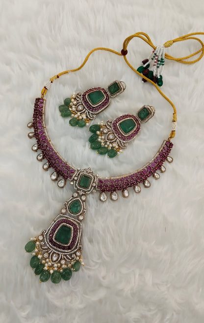 Majenta Sage Green Gold Moissanite Kundan Necklace Jewellery Karun Set