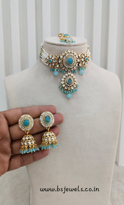 Sky Blue Kundan Choker Jewellery Farhat Set