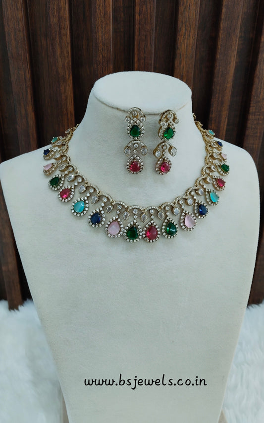 Multi Color Antique Gold CZ Necklace Jewellery Honda Set
