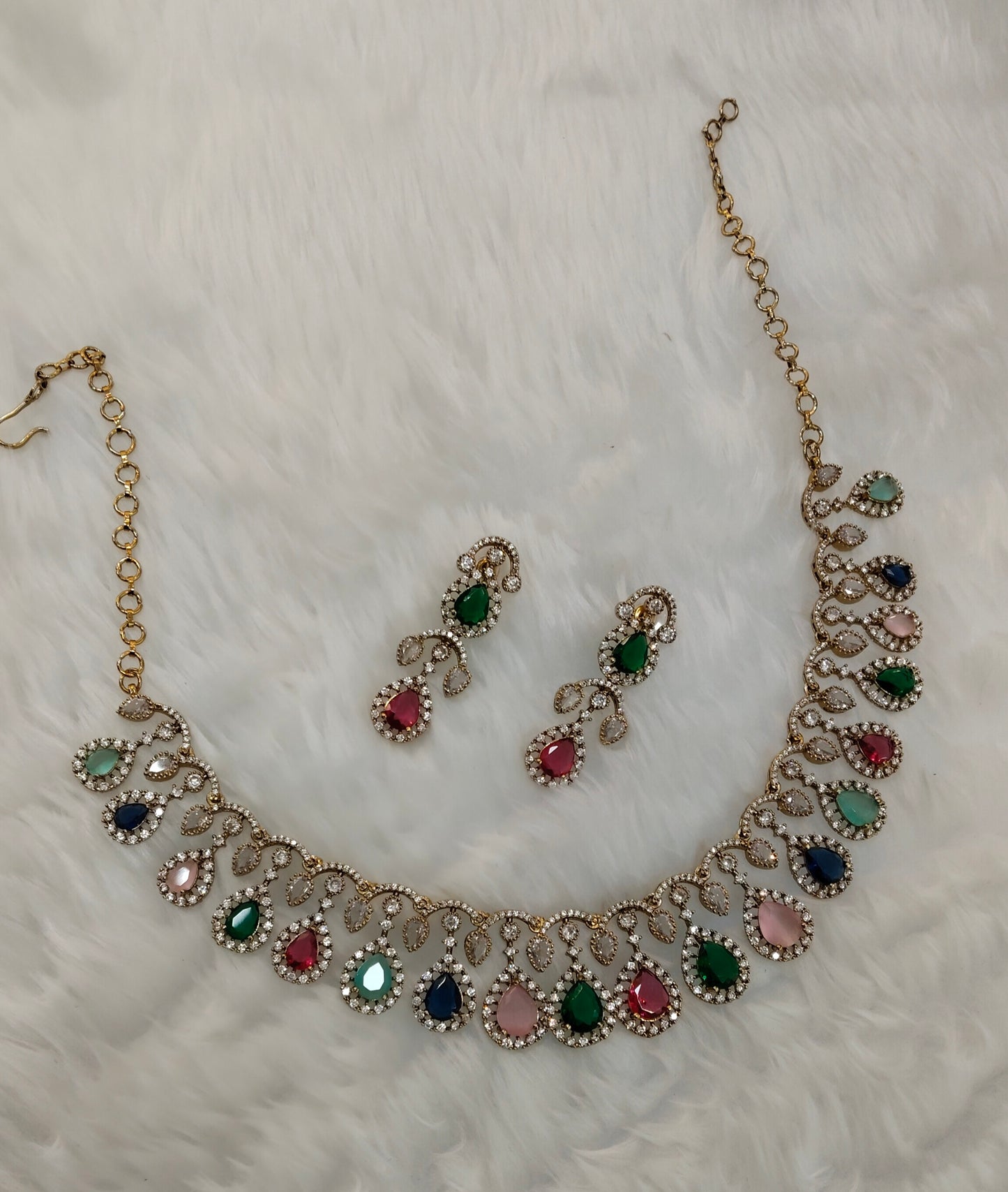 Multi Color Antique Gold CZ Necklace Jewellery Honda Set