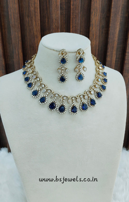 Blue Antique Gold CZ Necklace Jewellery Honda Set