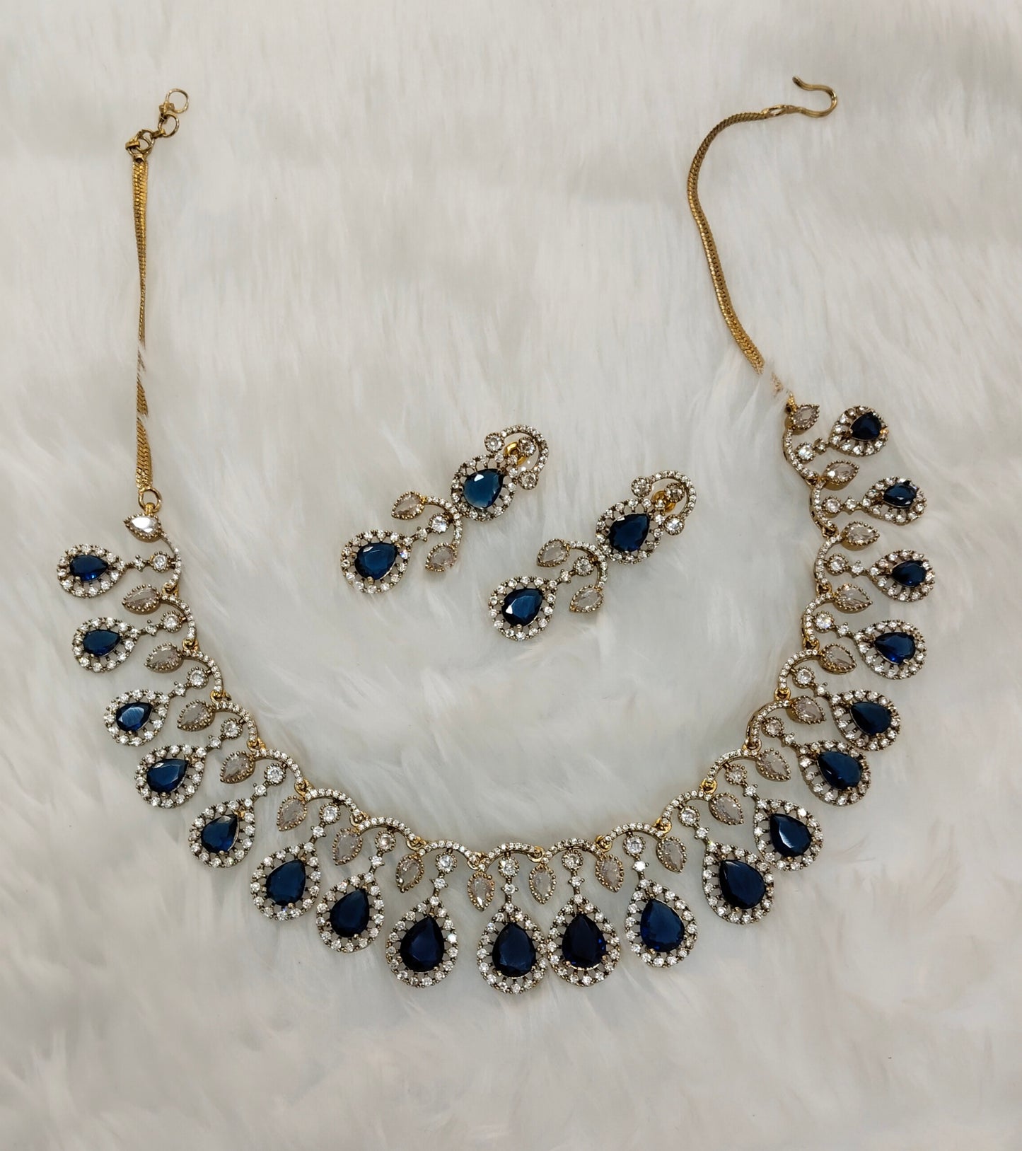 Blue Antique Gold CZ Necklace Jewellery Honda Set