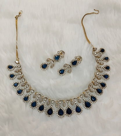 Blue Antique Gold CZ Necklace Jewellery Honda Set
