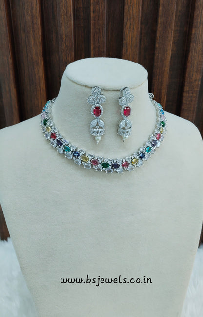 Multi Color Silver CZ Necklace Jewellery Honda Set