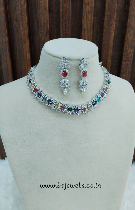 Multi Color Silver CZ Necklace Jewellery Honda Set
