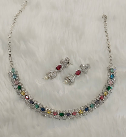 Multi Color Silver CZ Necklace Jewellery Honda Set