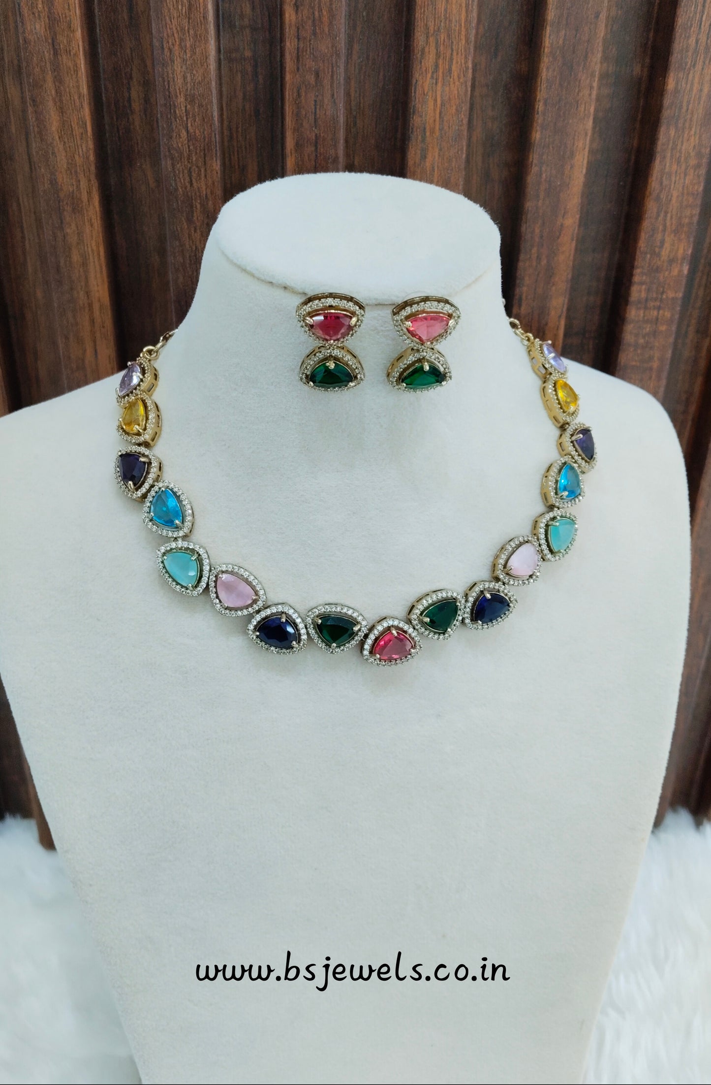 Multi Color Antique Gold CZ Necklace Jewellery Hero Set