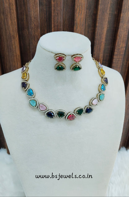 Multi Color Antique Gold CZ Necklace Jewellery Hero Set