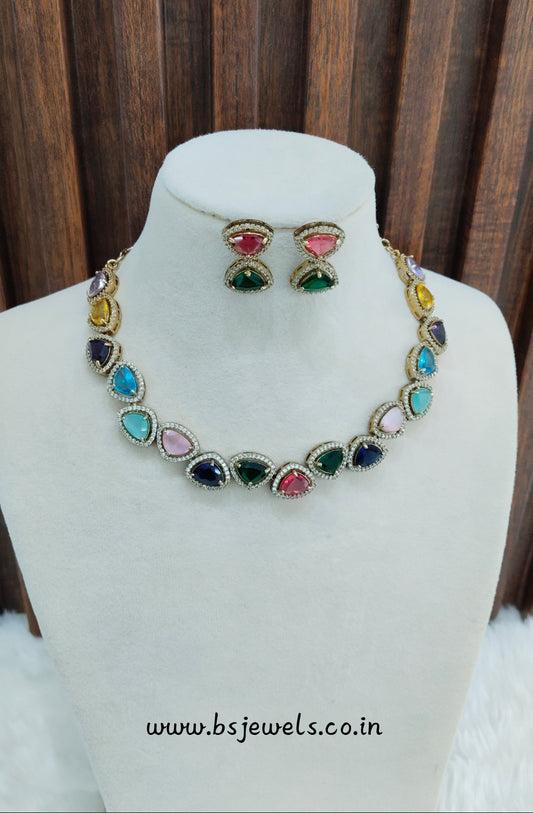 Multi Color Antique Gold CZ Necklace Jewellery Hero Set